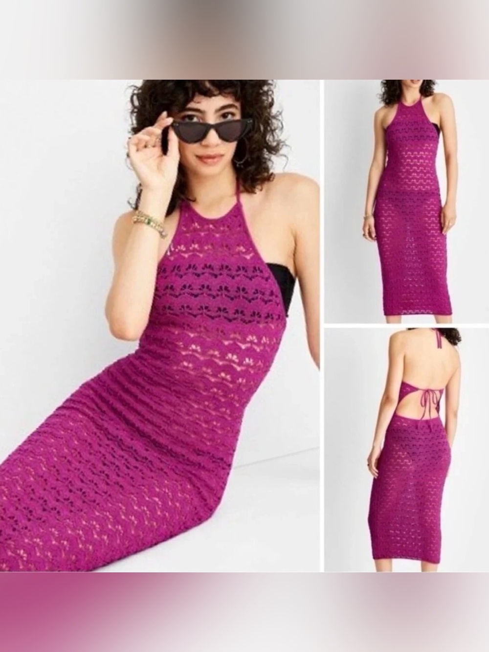 Future Collective Women's Halter Tie Neck Open Knit Crochet Midi Dress size L